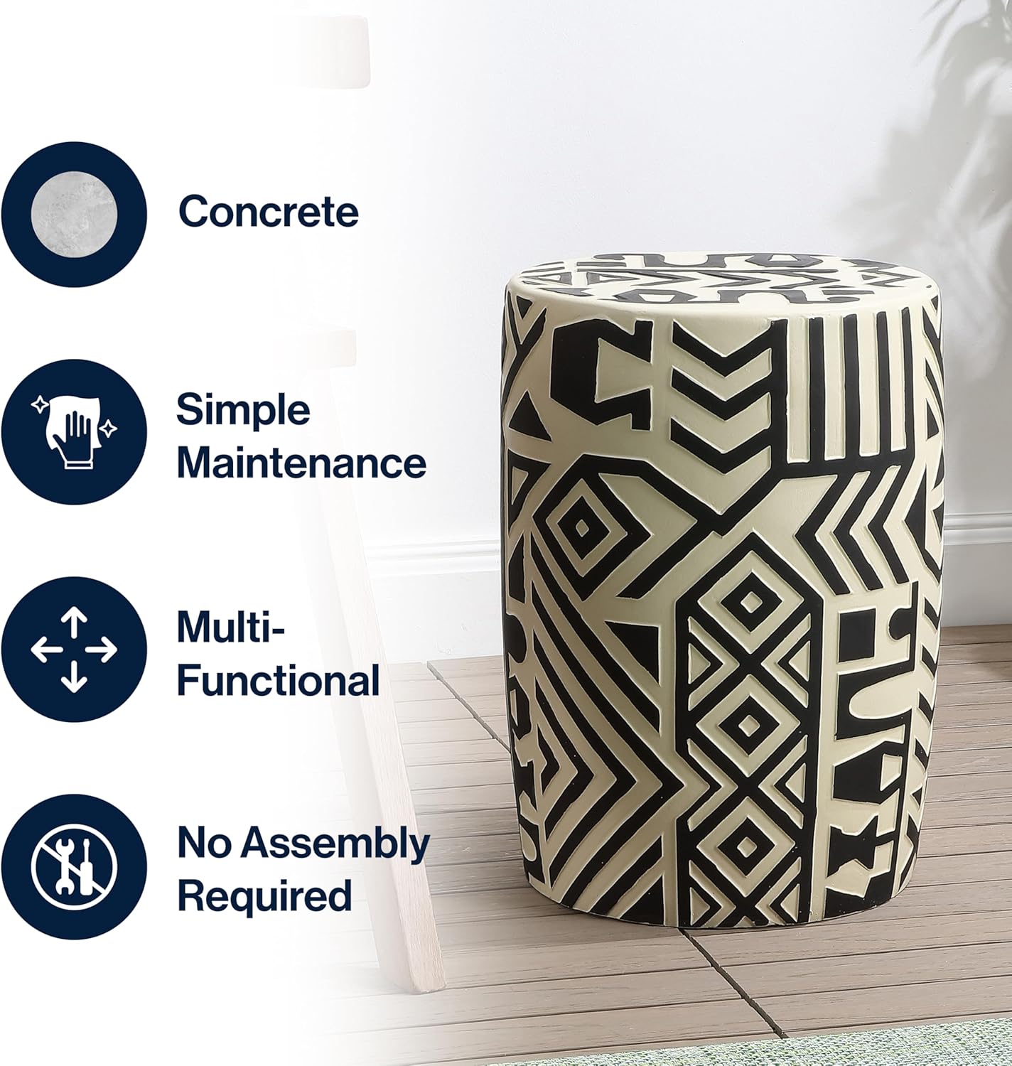 JONATHAN Y TBL1030B Rafi 17.75" MidCentury Modern Geometric Drum Garden Stool, Black/Cream Patio, Porch, Backyard