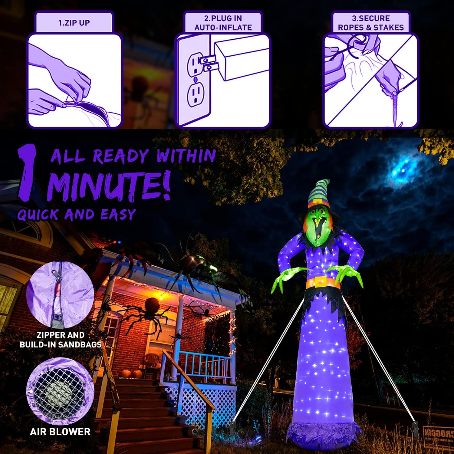 EAMBRITE 10 FT Halloween Inflatable Witch with 248LED Cool White Lights, Giant Scary Witch Blow Up Outdoor Halloween Decorations for Yard, Garden, Lawn, Party