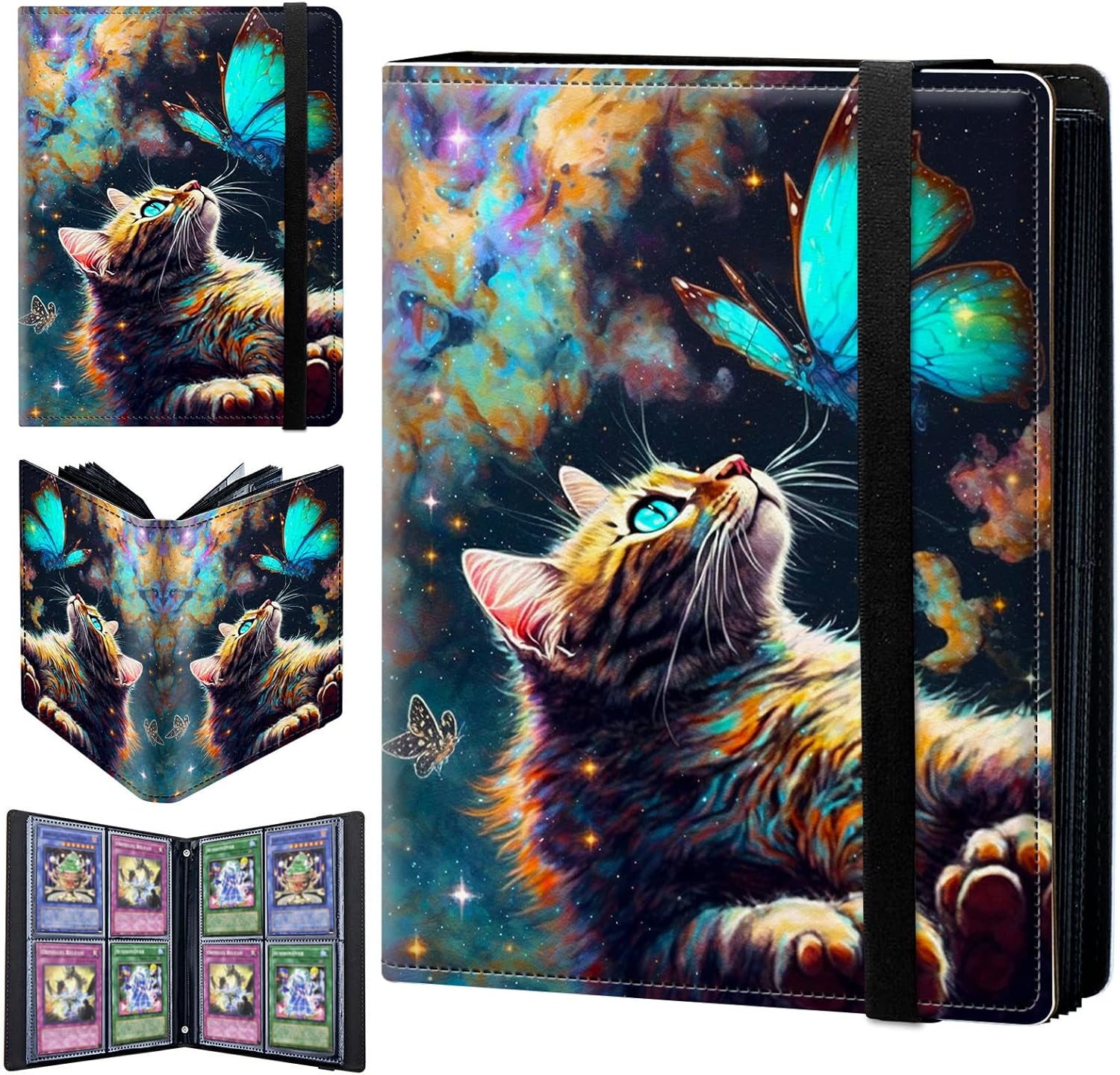 Card Binder 9 Pocket Trading Card Album Folder 360 Side Loading Pocket Binder Baseball Card Binder with Galaxy Cat and Butterfly Pattern Design Card Binder for Game Cards & Sports Cards