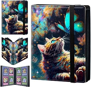 CGFGHHUY Card Binder 4 Pocket Trading Card Album Folder 160 Side Loading Pocket Binder Baseball Card Binder with Galaxy Cat and Butterfly Pattern Design Card Binder for Game Cards & Sports Cards