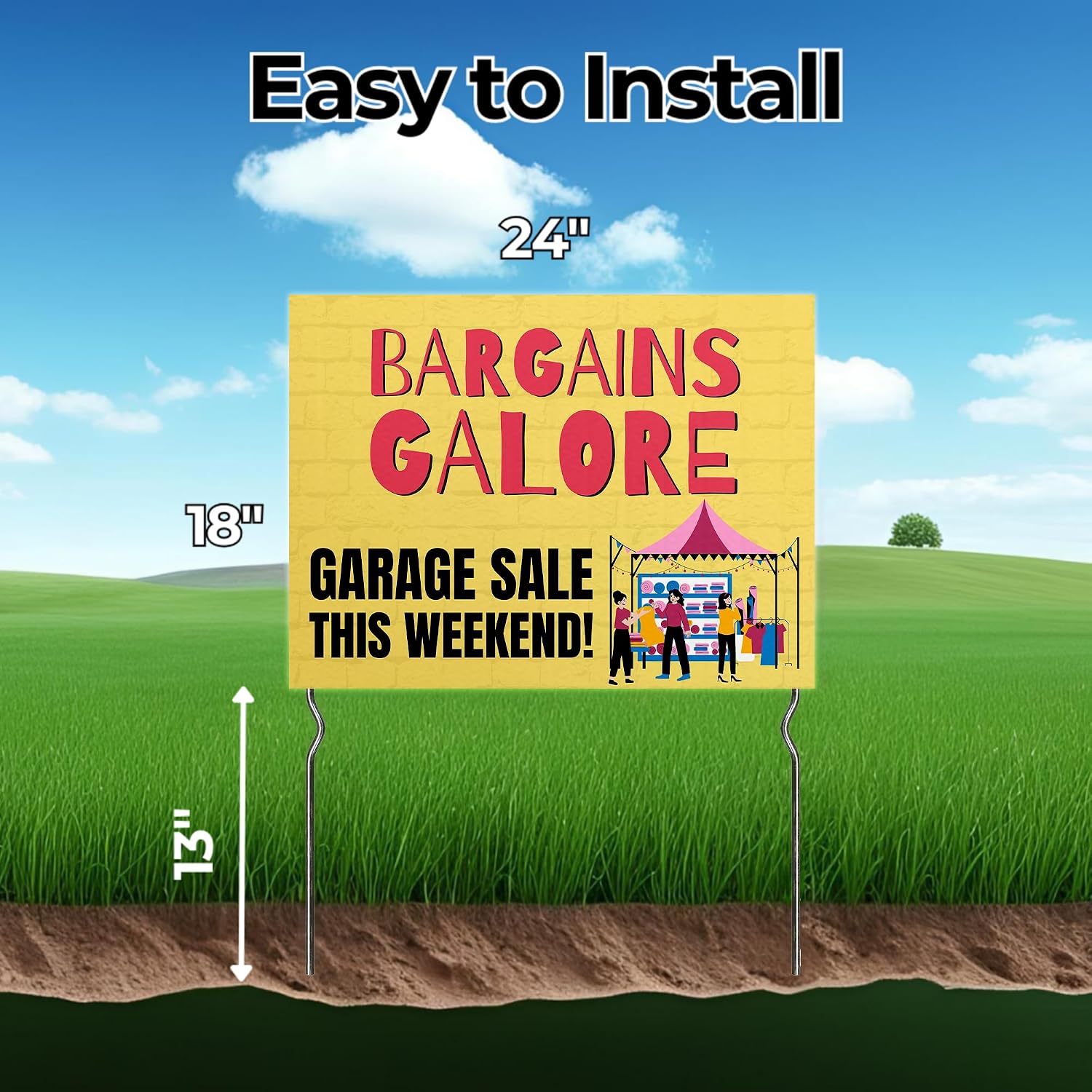 Bargains Galore – Garage Sele This Weekend! Yard Sign by DC | 24"x18" Double Sided Yard Sele Garden Sign with 13” Metal Stakes | Waterproof Signs for Lawn, Patio, Sidewalk & House | Set of 2