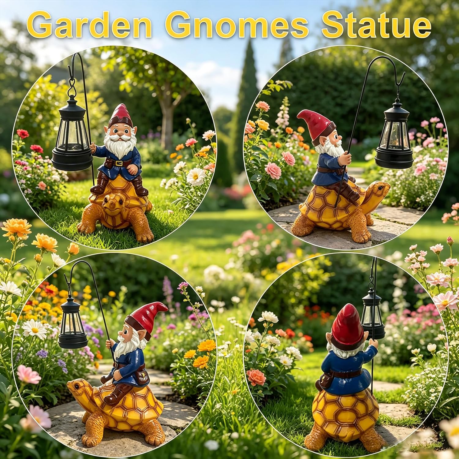 Garden Gnome Decoration, Funny Resin Solar Gnome Statue for Lawn Patio Yard Outdoor Decor, Turtle Riding Gnome Figurine with Lantern, Gift for Women and Men (Gnome-F)