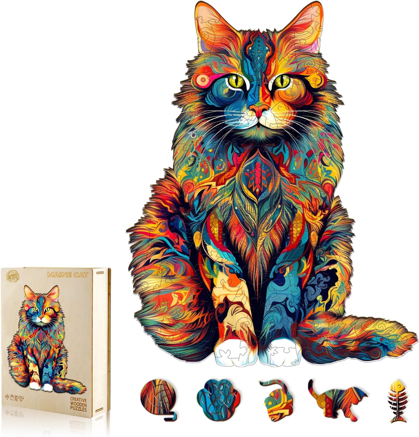 WOODBESTS Wooden Puzzles for Adults - Maine Coon, Cat Wooden Jigsaw Puzzle, Unique Animal Wood Puzzles Adult, Xmas Gifts for Puzzle Lovers(190 Pcs, M, 11.7"x9.4")