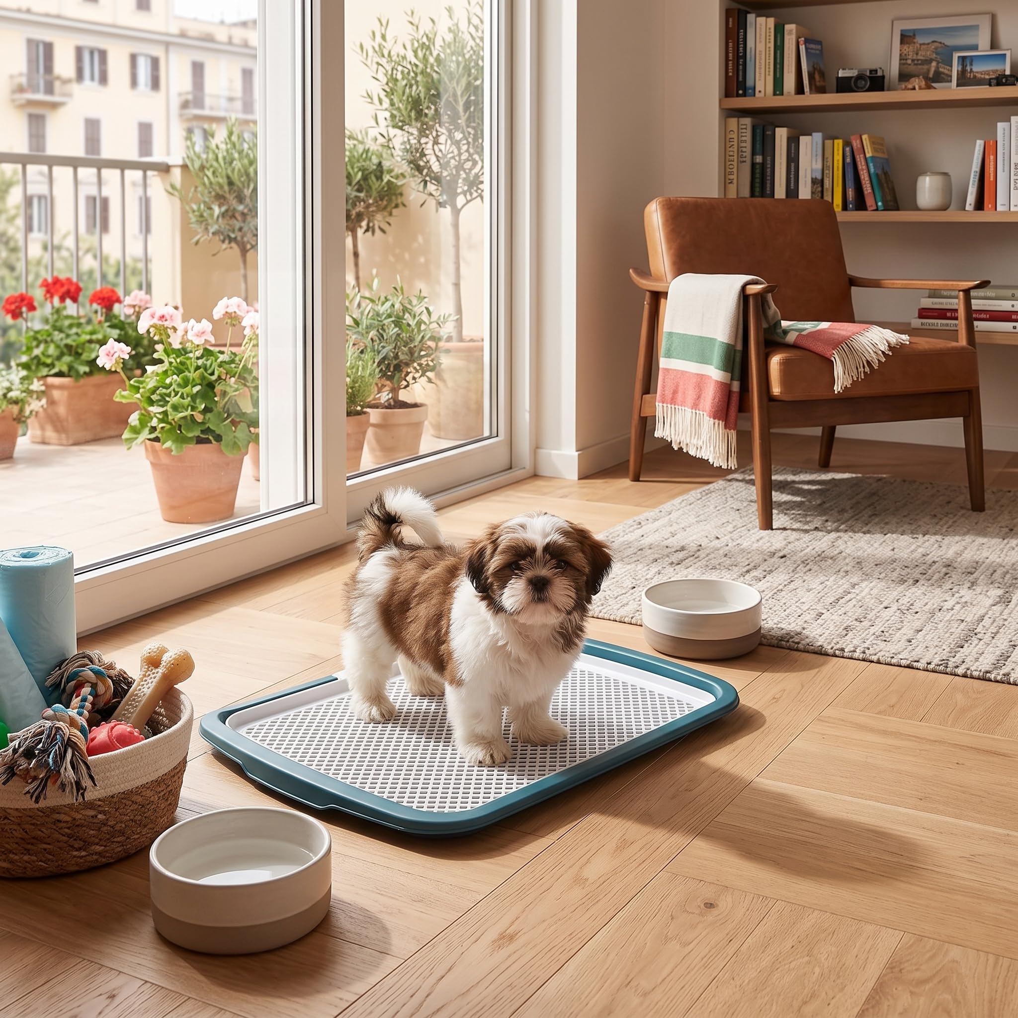 Hundetoilette mit Gitter, abnehmbare Trainingsschale für Welpen und kleine Hunde, rutschfeste Unterlage für Wohnung Balkon und Reisen