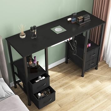 Manicure Table for Nail Tech, Nail Tech Table Station w/4 Storage Drawers & 2 Open Shelves, Nail Table w/Dust Collector for Beauty Salon Tech Station Black PU