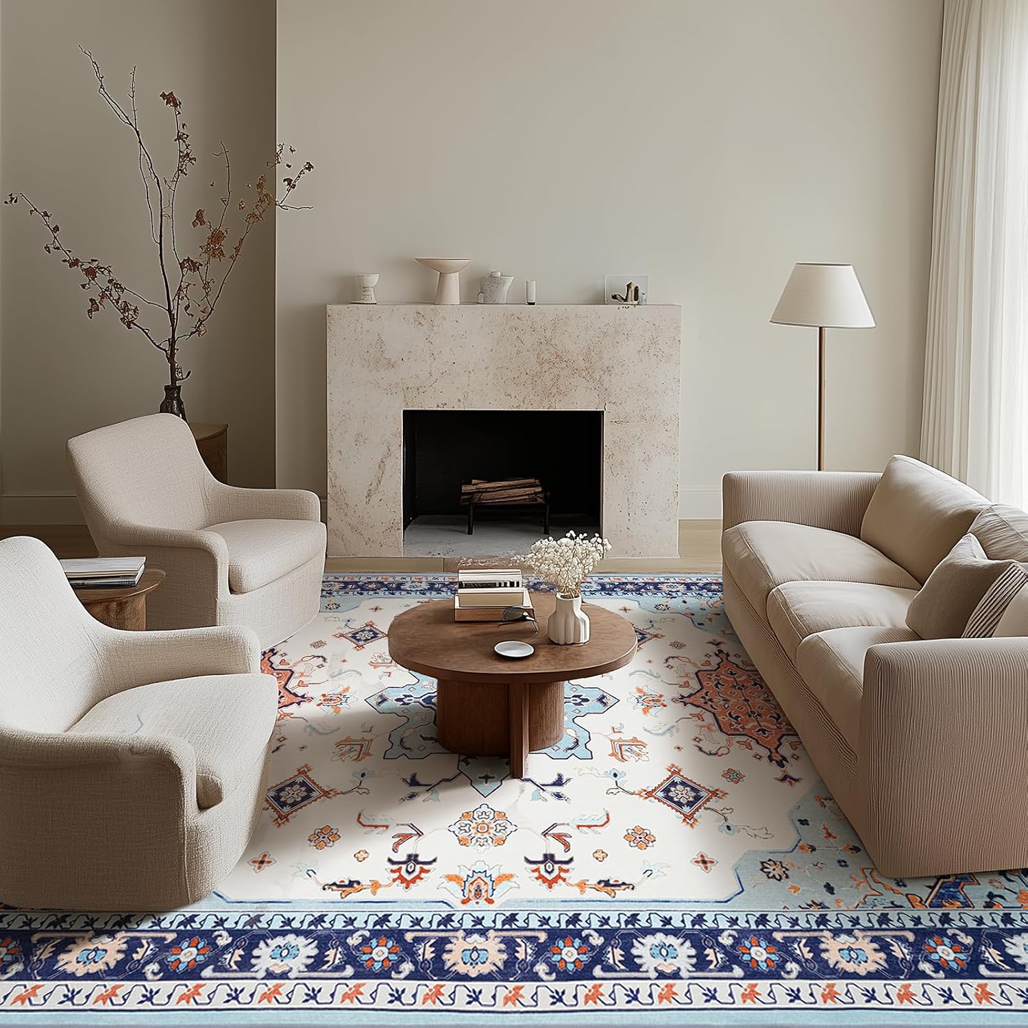Phantoscope Washable Area Rug 4'x6' Non-Slip, Vintage Boho Rugs for Living Room, Bedroom, Dining Room, Medallion Persian Symmetrical Pattern, Low-Pile Foldable Floor Carpet, vory Blue/Orange