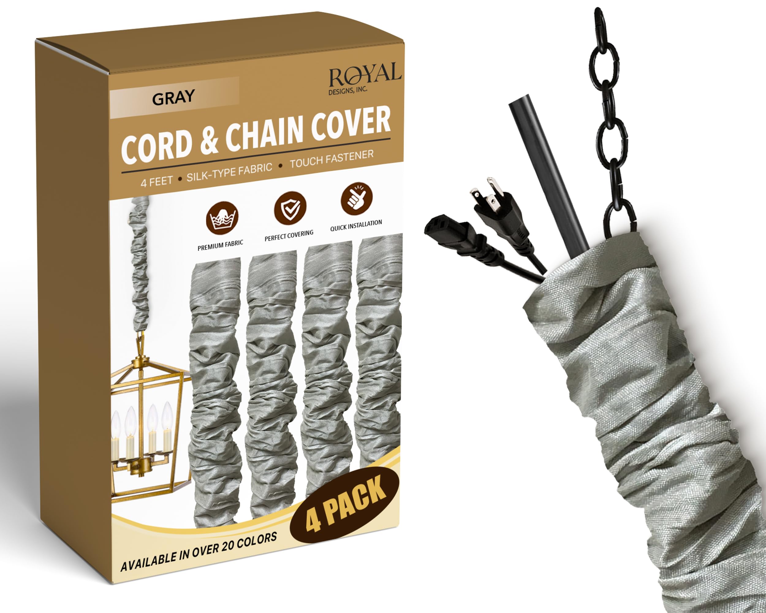 Royal Designs, Inc. Cord &amp; Chain Cover 4 ft Silk Type Fabric, Chandelier Pendant Lighting Chain &amp; Cable Management, Touch Fastener, Gray - 4 Pack