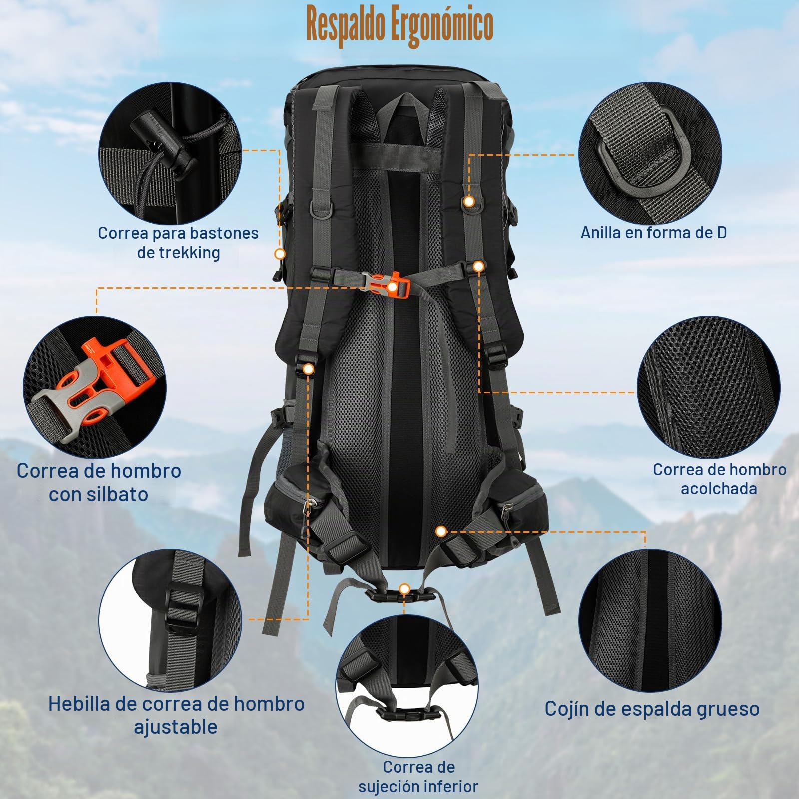 Cozary Mochila Trekking 70L Impermeable Antidesgarro con Cubrelluvia, Sistema Transpirable para Senderismo Camping Montañismo