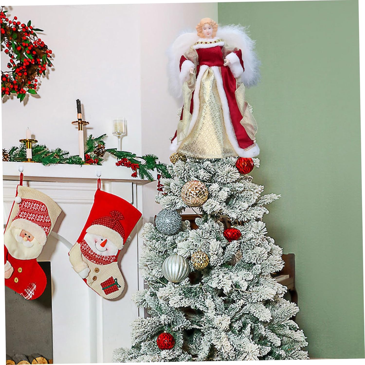 Angel Christmas Tree Topper 11.8 inch Red and Gold Angel Tree Topper with Feathered Wing for Holiday Home Decor Christmas.