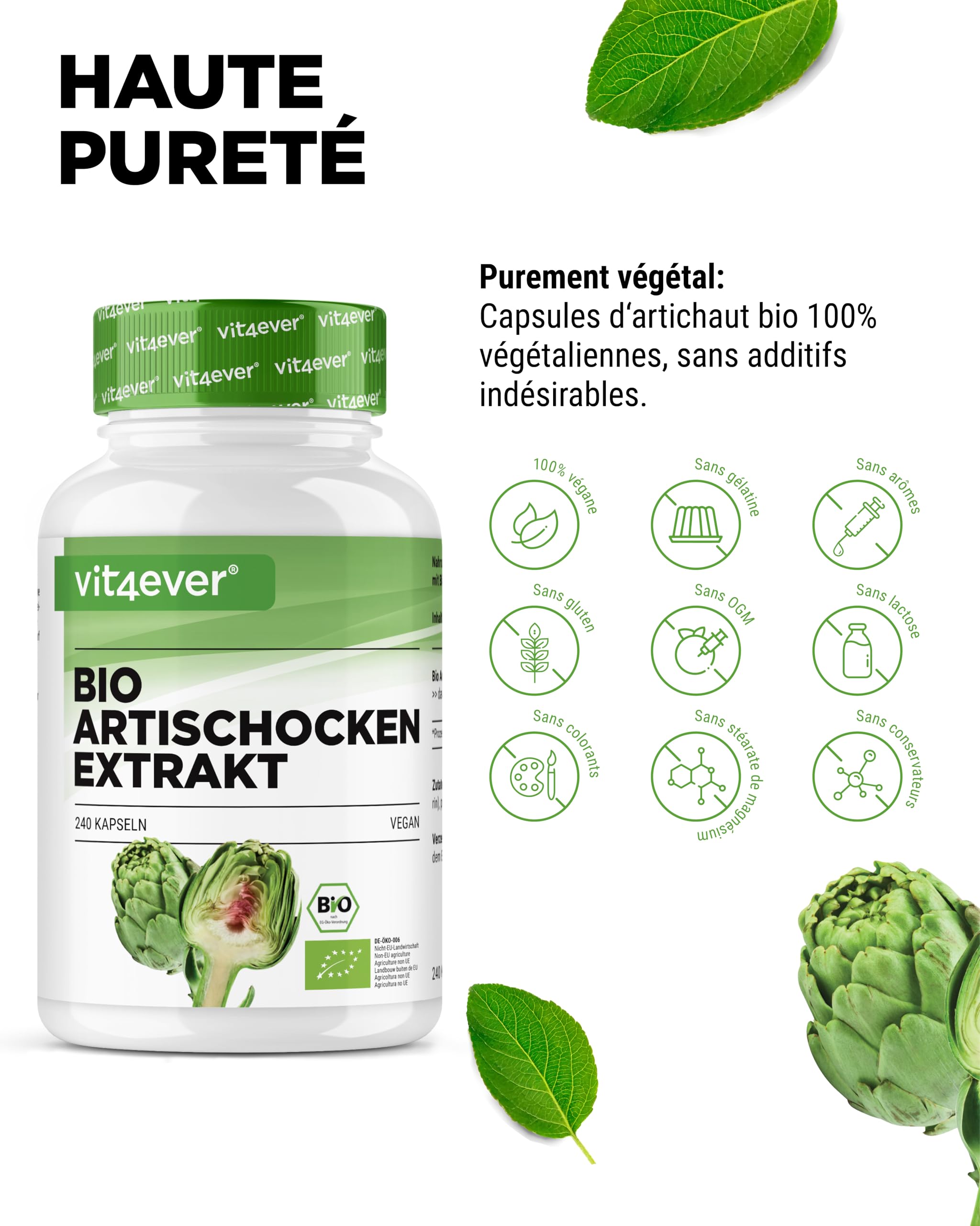 vit4ever Extrait d'Artichaut Bio - 240 capsules - 1800 mg par Dose Journalière (2,5% Cynarine) - Véritable Extrait d'Artichaut 20:1 - Qualité Bio - Hautement Dosé - Vegan