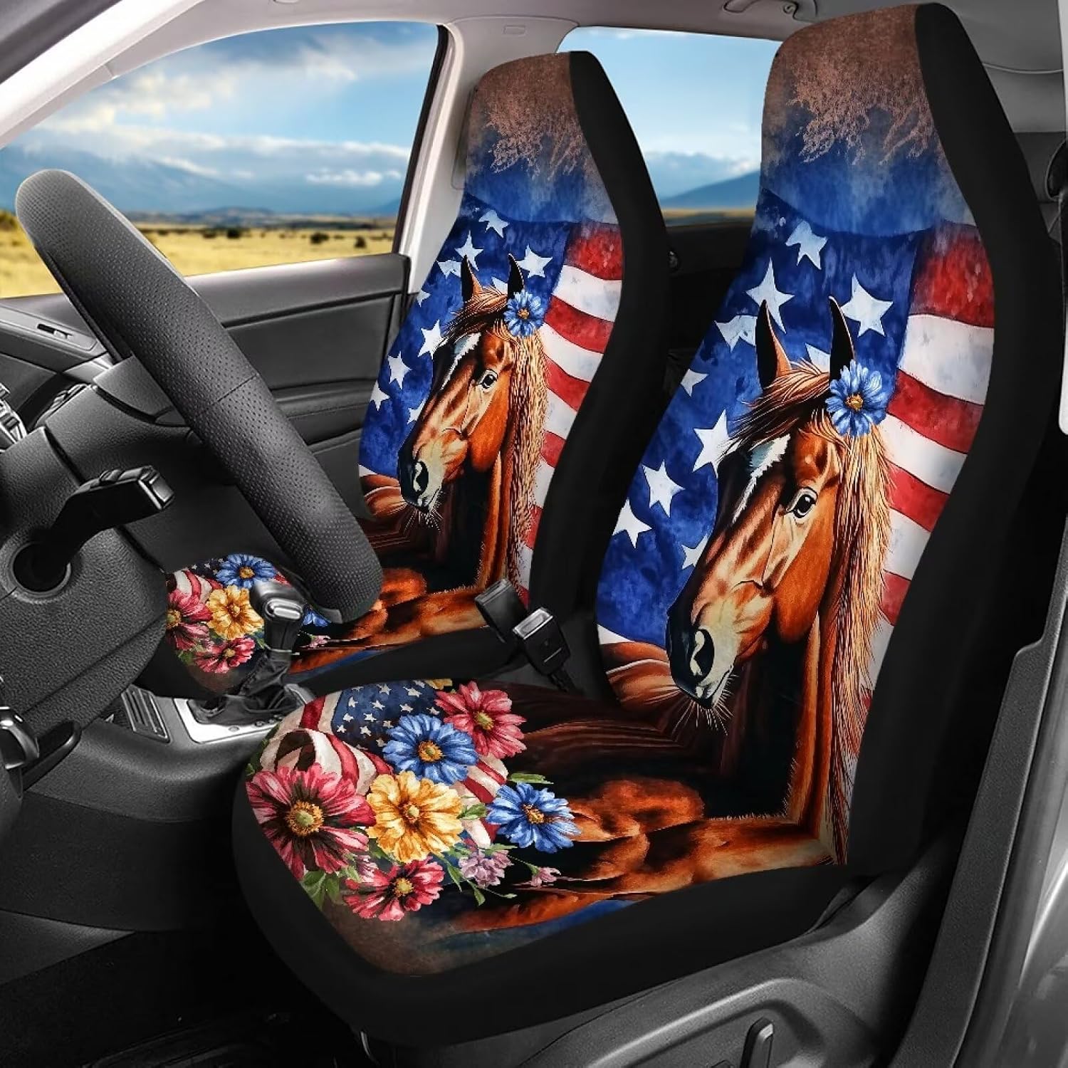 Amzbeauty Horse American Flag Print Car Seat Covers Full Set Easy Install All-Season