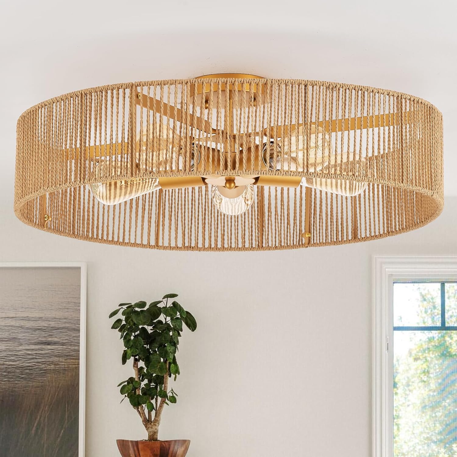 24" Natural Rattan Flush Mount Ceiling Light Fixture Antique Brass Brush Paint Finish Boho Chandelier for Porch Patio Hallway Bedroom Living Room Kitchen Island 5-Light