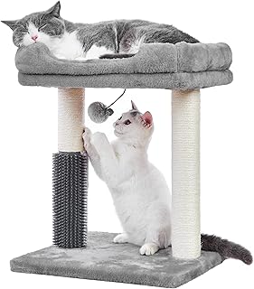 MeowSir Cat Tree 4 in 1 Cat Scratching Post Featuring with Cat Self Groomer Wide Large Top Perch Natural Scratching Post and Danging Ball for Indoor Cats-Grey