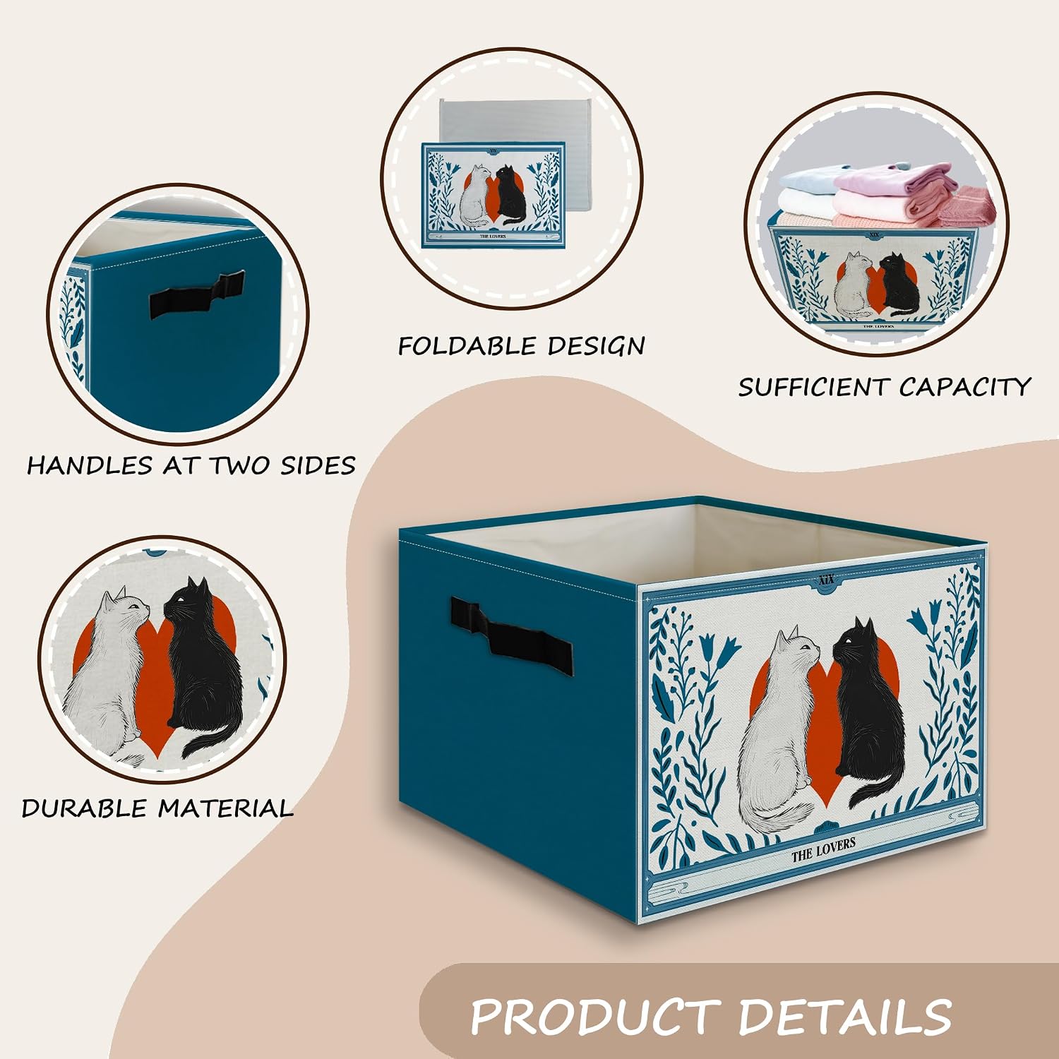 Cat Toy Basket Foldable Storage Bins Box with Handles, Witchy the Lovers Tarot Card Cats Blue Collapsible Organizer Basket for Bedroom Bathroom Kids Room Clothes Toys Books