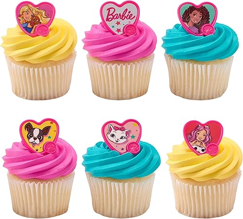 Miniatura 8 de DecoPac Anillos de Barbie Be The Future, decoraciones de cupcakes en forma de corazón rosa con Barbie y sus amigos para fiestas de cumpleaños y