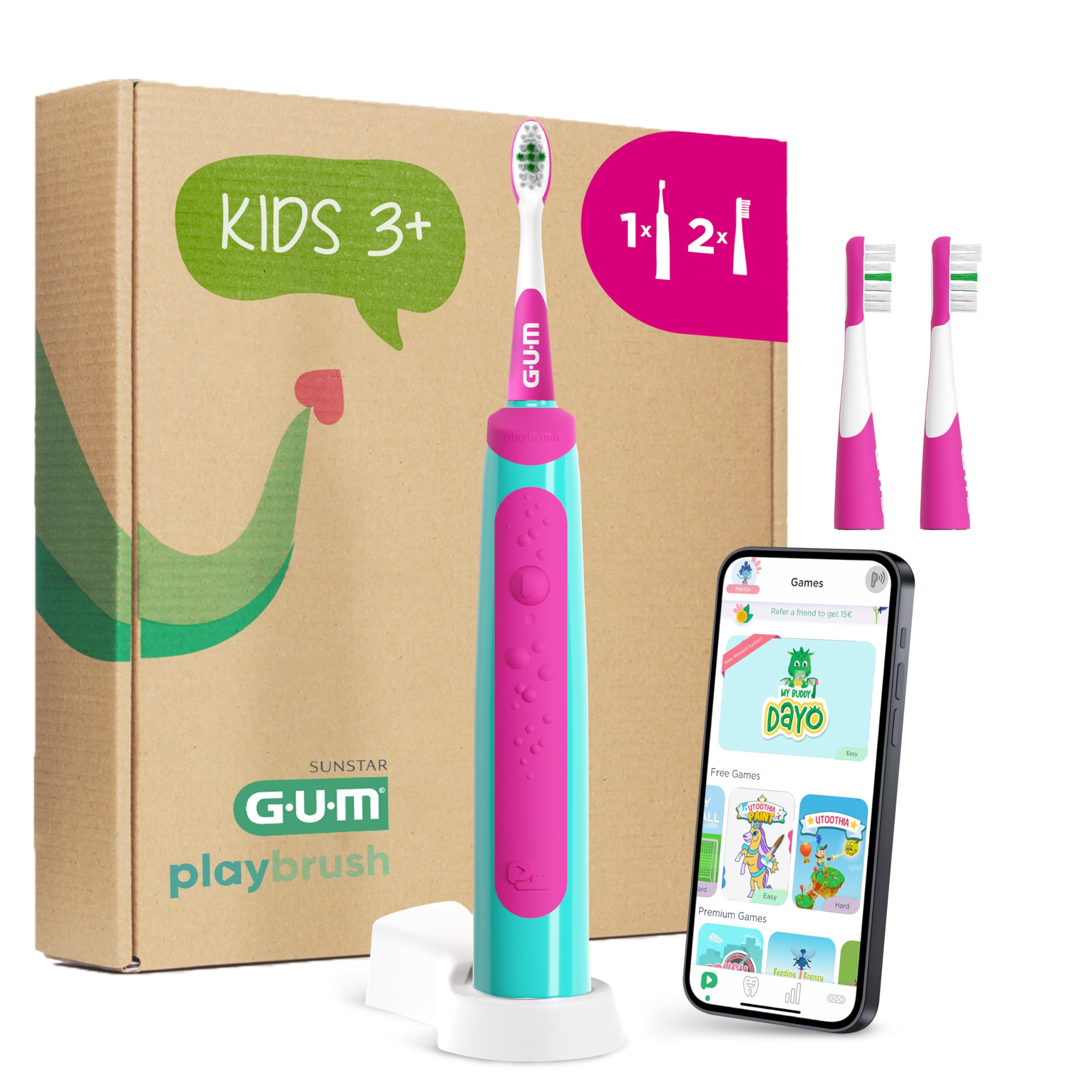 GUM Playbrush KIDS 3+ elektrische Zahnbürste | Interaktive Spiel-App | 2 Putzmodi | Extra weiche Borsten | 8 Wochen Akku | Timer | 1x Schallzahnbürste, wiederaufladbar | 2 extra Bürstenköpfe | Pink