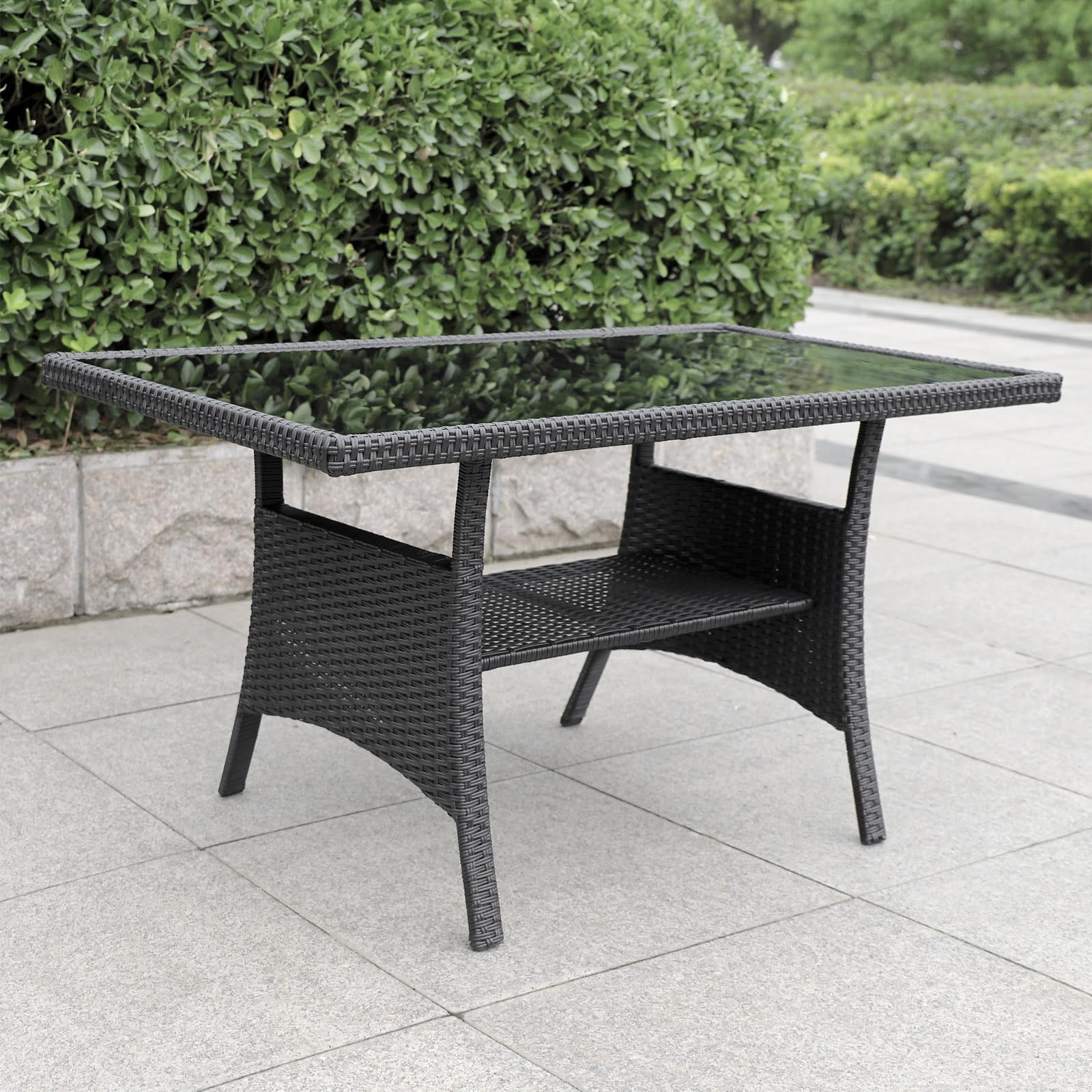Calma Lux® Polyrattan Gartentisch 120x70x68cm mit Ablage Glas Tischplatte Wetterfest Garten Terrasse Balkon Tisch Esstisch Gartenmöbel (Schwarz) Garten