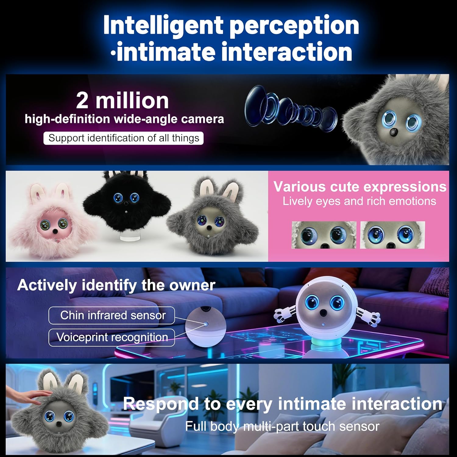 AI Smart Robotic Pet, Cute Emotional Companion Robot with Multimodal Interaction, Replaceable Fluffy Cover, Voice Conversation, Touch Sensing, LCD Screen, Suitable for Home & Office