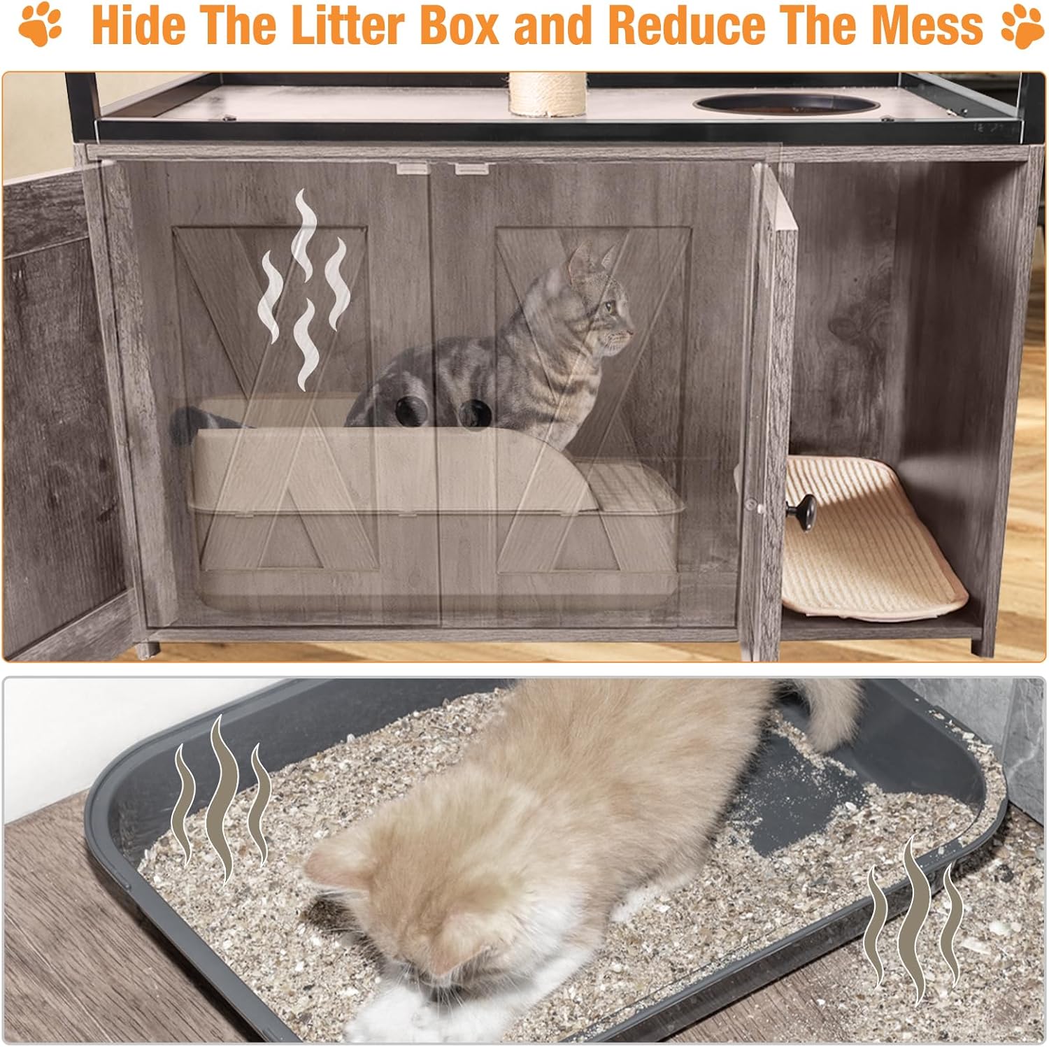Cat Litter Box Enclosure,Hidden Litter Box Furniture with Metal Frame,Wooden Kitty House with Barn Door,Wooden Cat Washroom Furniture,Fit Most of Litter Box (Grey, M)