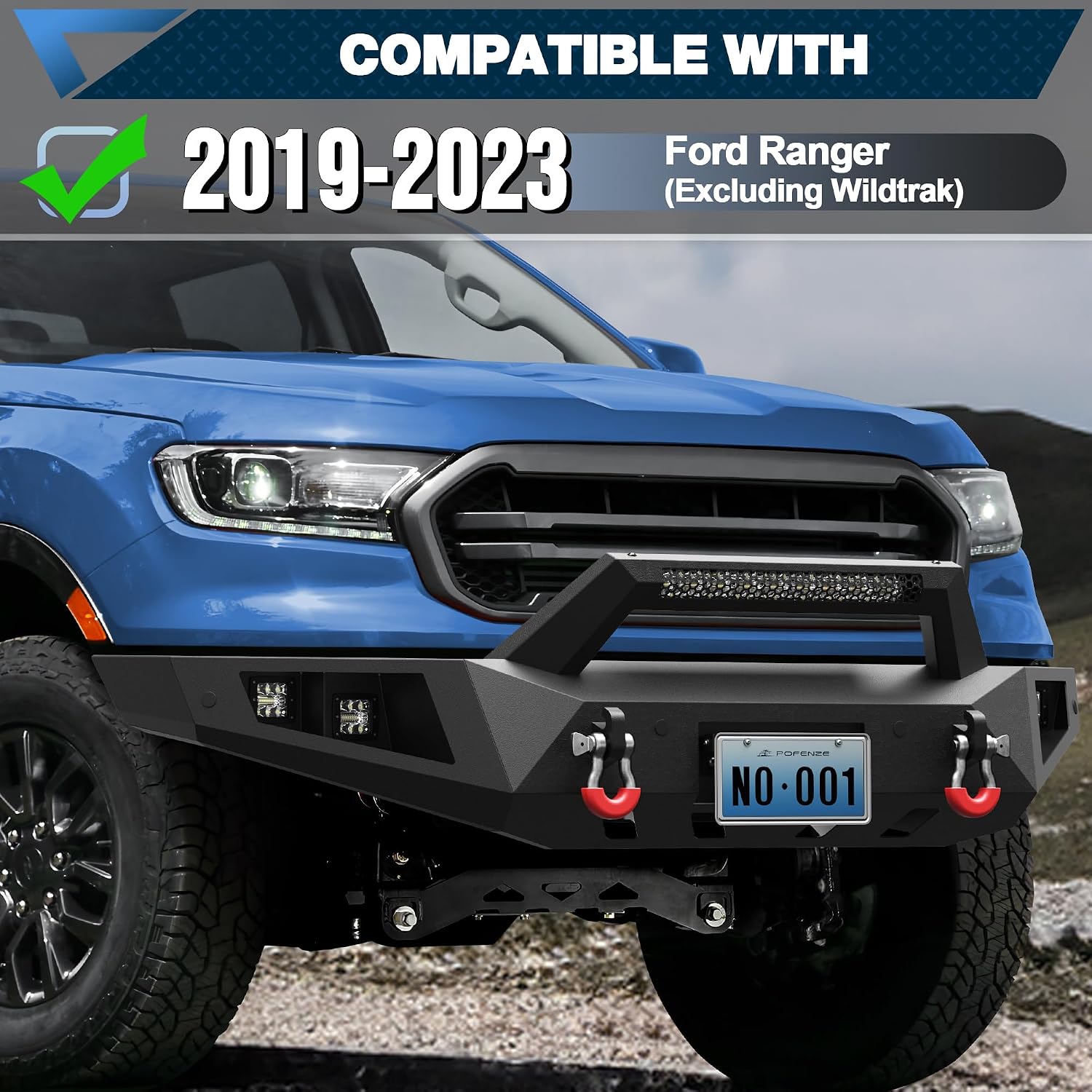 19-23 Ranger Front Bumper Full Width Offroad Bumper w/Winch Plate, 144W Light Bar, 4x18w Lights, D-rings, License Plate Bracket for 2019-2023 Ford Ranger Pickup Trucks (Excluding Wildtrak)