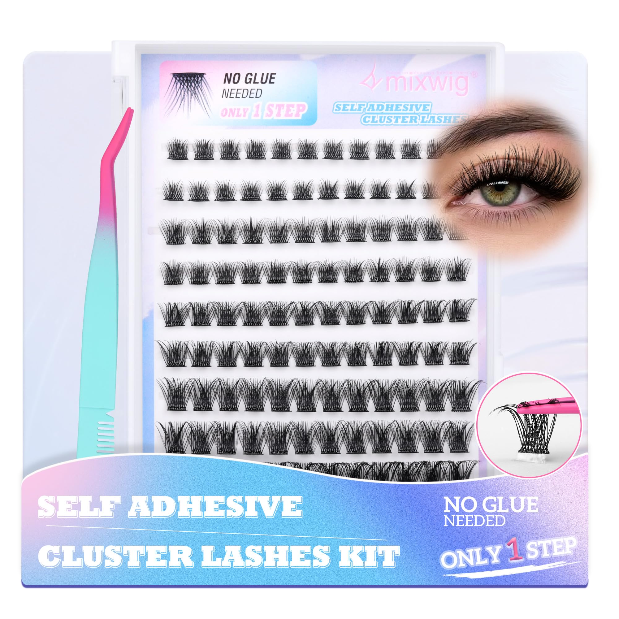 Lvmixwig Self Adhesive Eyelashes Extension Kit Lash Clusters Self Adhesive Individual Lashes Press on DIY Cluster lashes No Glue Needed Pre Glued Reusable Eyelash Clusters Kit with Lash Tweezers