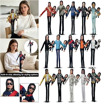 Michael Bendable Plush Doll, Built‑in Wire for Various Poses, Assorted Iconic Outfit Designs, Collectible Celebrity Plush Ornament, Desktop Shelf Home Decoration, Gift for Pop‑Music Fans