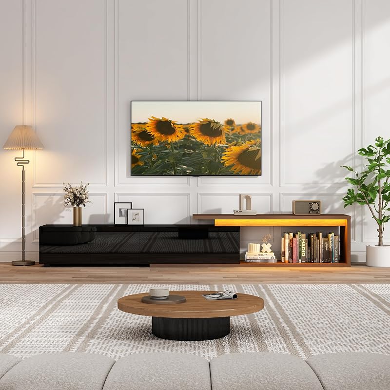 Extendable TV Stand with LED Light, Modern Entertainment Center for up to 120 Inch TV, Wood TV Media Console with 2 Drawers & 2 Cabinets for Living Room Bedroom, 75"-110", High Gloss Black & Walnut image 6