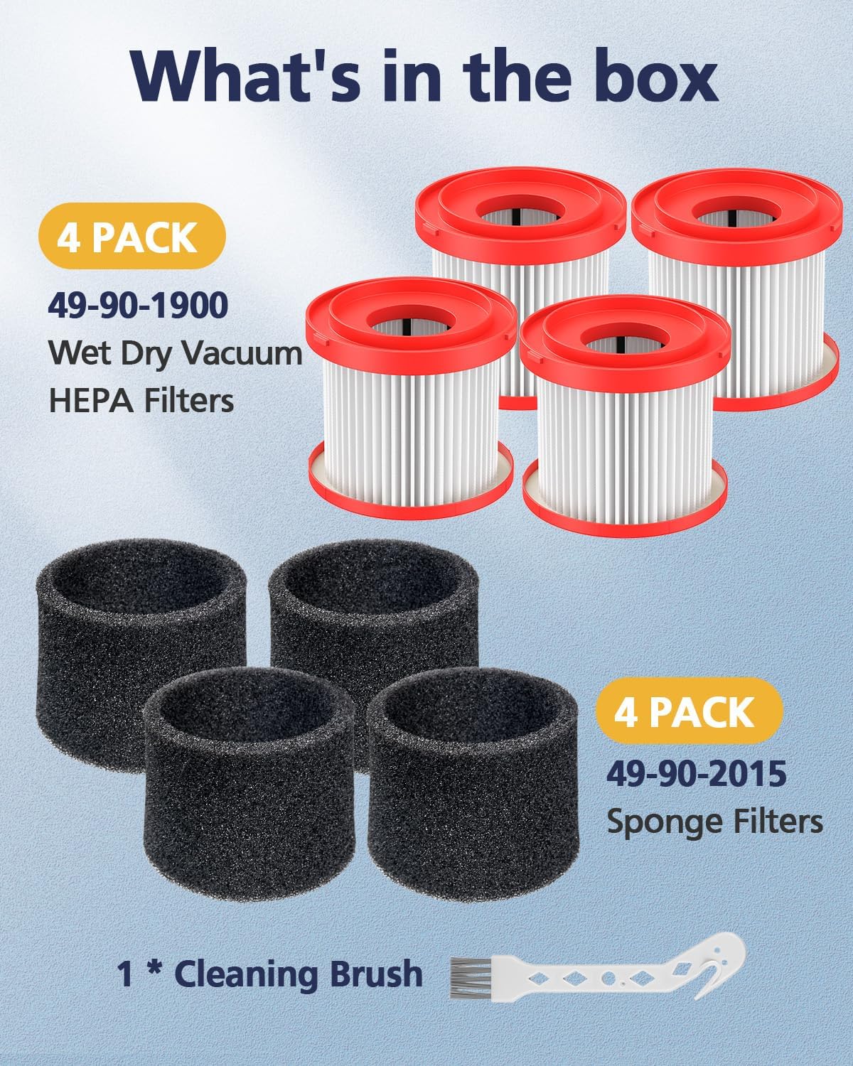 4 Pack 49-90-1900 Wet Dry Vacuum Filter Replacement Compatible with Milwaukee Cordless M18 Vacuum 0780-20 0880-20 with 4 Foam Sleeve Filters