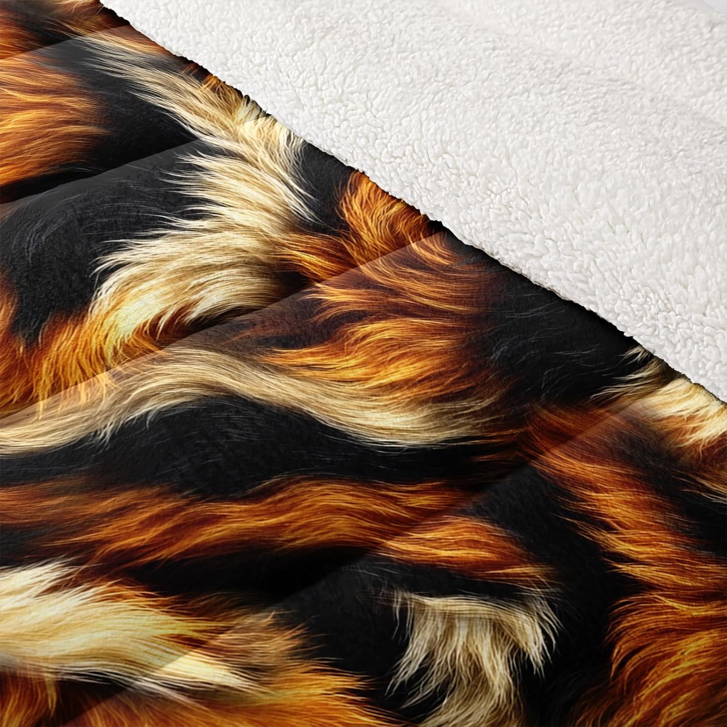 Tiger Print Queen Fluffy Sherpa Comforter Set，Wild Animal Print Fuzzy Queen Size Comforter，1 Shaggy Fuzzy Queen Size Comforter with 2 Pillowcases