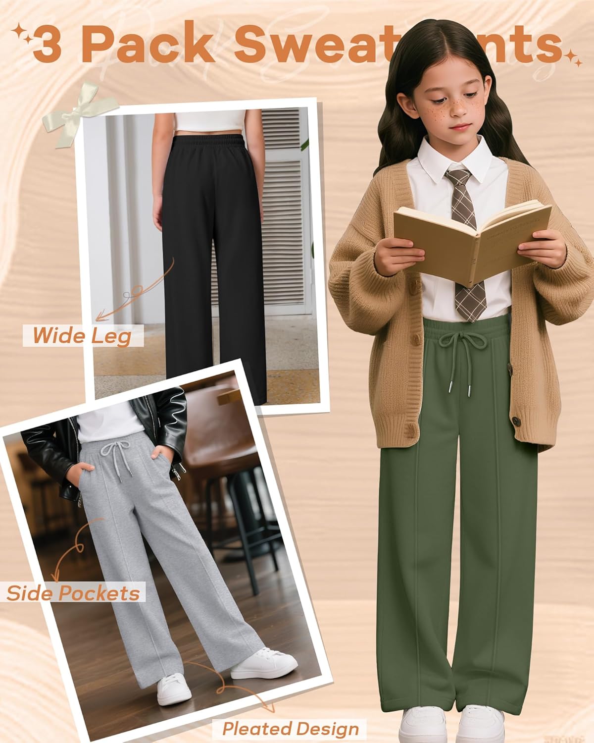 3 Pack Girls Wide Leg Sweatpants Drawstring Baggy Pants Teen Girls Athletic Joggers Pants with Pockets 5-14Y - Image 5