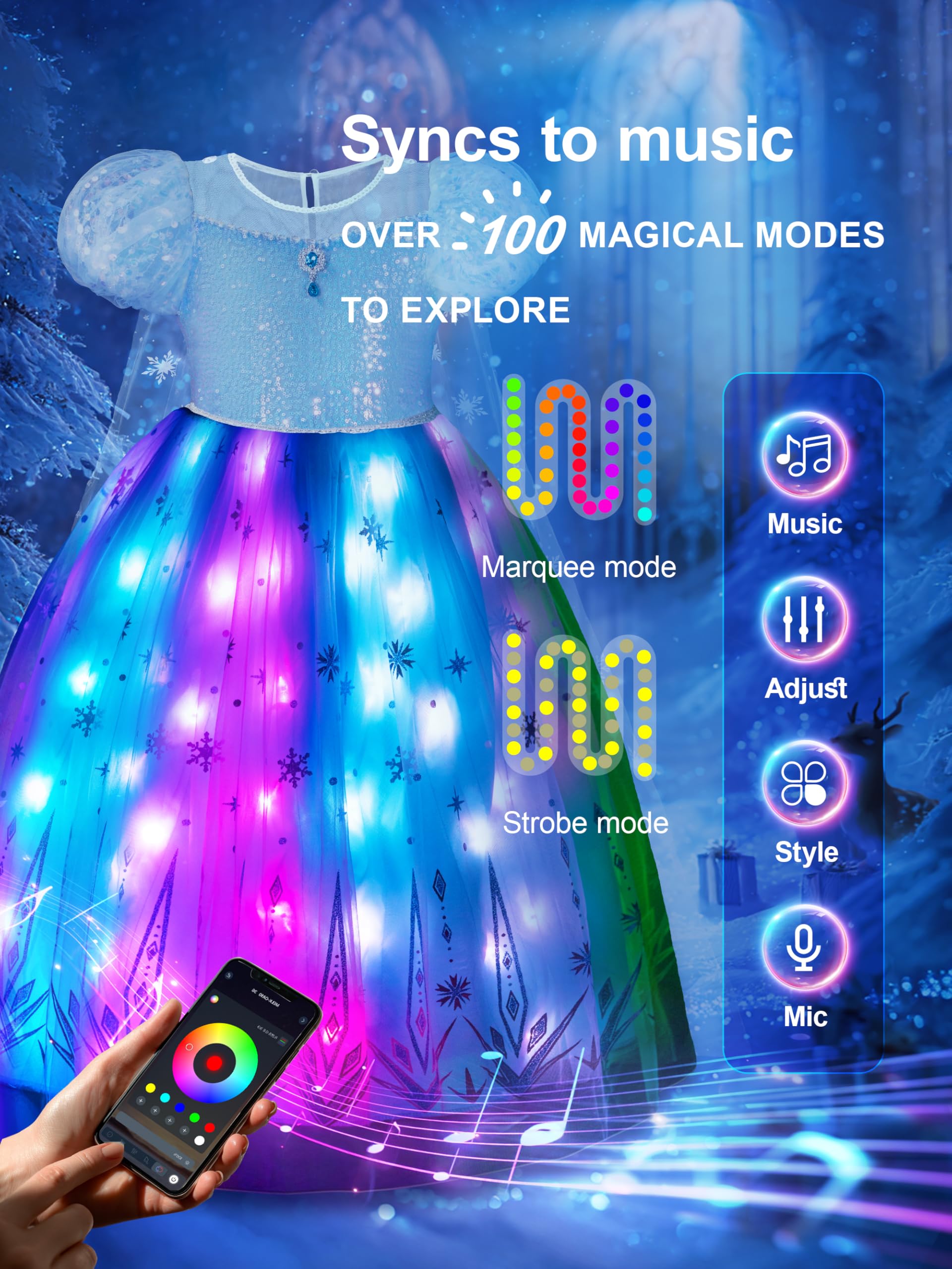 BLINGCOS Princess Costumes for Girls with RGB LED Lights Princess Dress Up Clothes Music Sync & App Control - Image 2