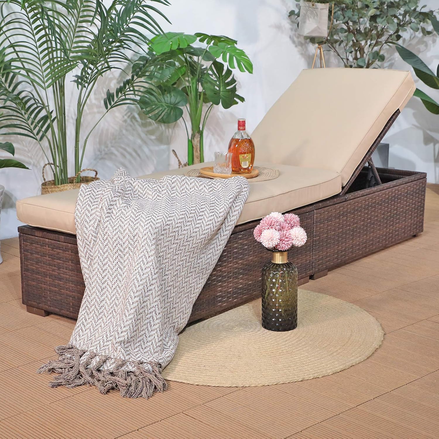 Patiorama Outdoor Patio Chaise Lounge Chair, Elegant Reclining Adjustable Pool Rattan Chaise Lounge Chair with Beige Cushion, Brown PE Wicker, Steel Frame