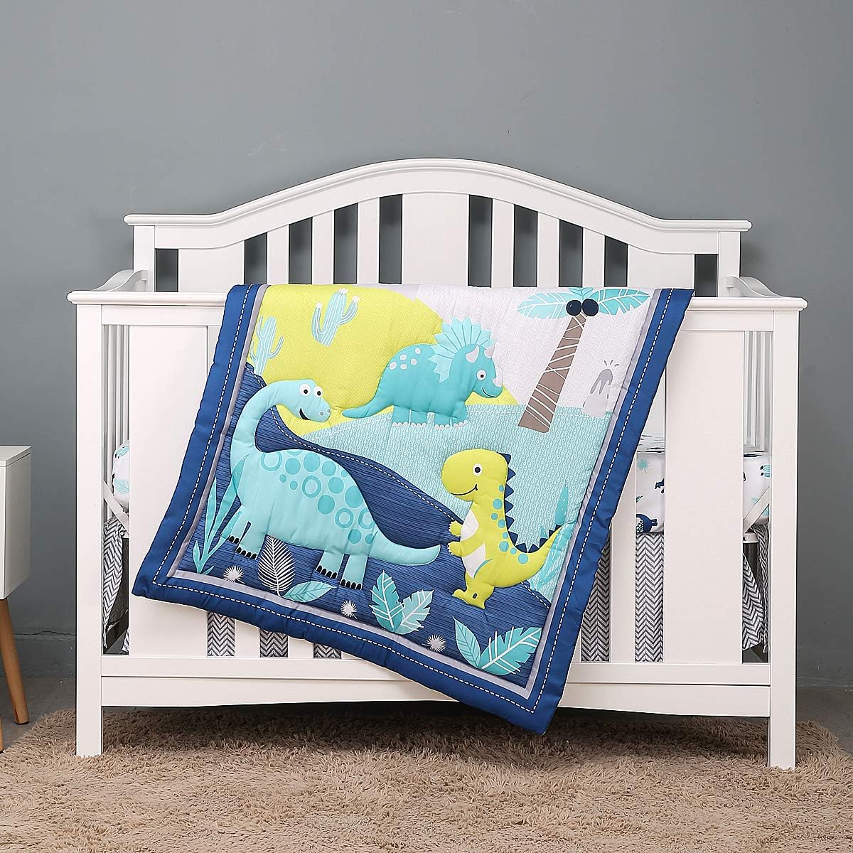 3D Cute Dinosaur Crib Bedding Set for Boys Girls 4Piece Baby Nursery Bedding Crib Set for 28x52 Inch Washable Blue Grey | Comforter, Crib Sheet, Dust Ruffle,Blanket