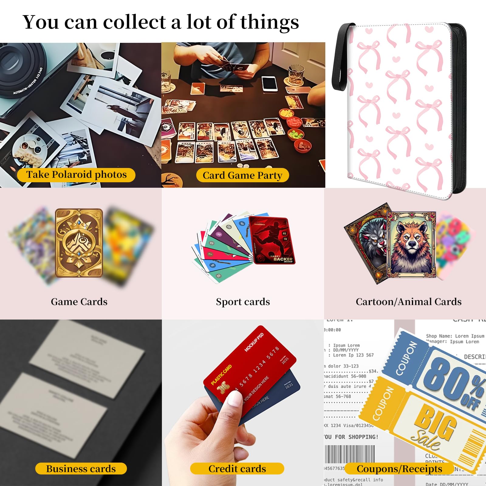 Card Binder 4 Pocket,Collectible Trading Card Albums Fits 400 Cards with 50 Removable Sleeves,Portable Trading Collection Album Holder,Game Card Case book With Zipper for Gifts,Pink Bow tie