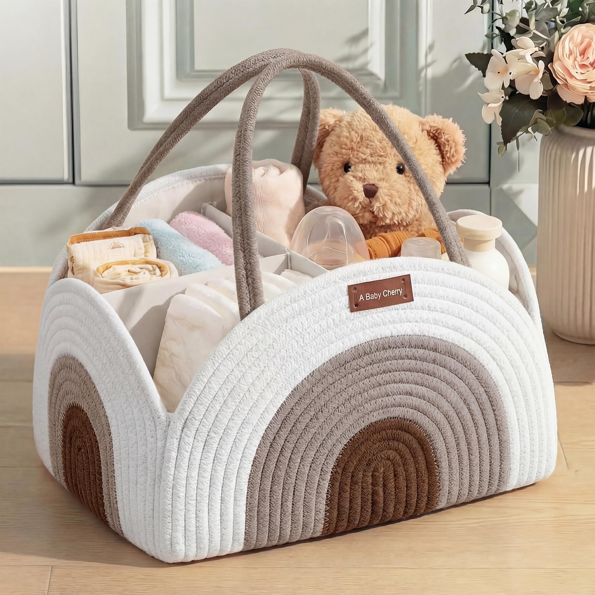 a baby cherry Cotton-Diaper Caddy|Baby Bags For Newborn|Diaper Caddy Bag Organizer Large Capacity(40 * 28 * 20Cm)|Nursery Storage Bin And Car Organizer For Diapers And Baby Wipes