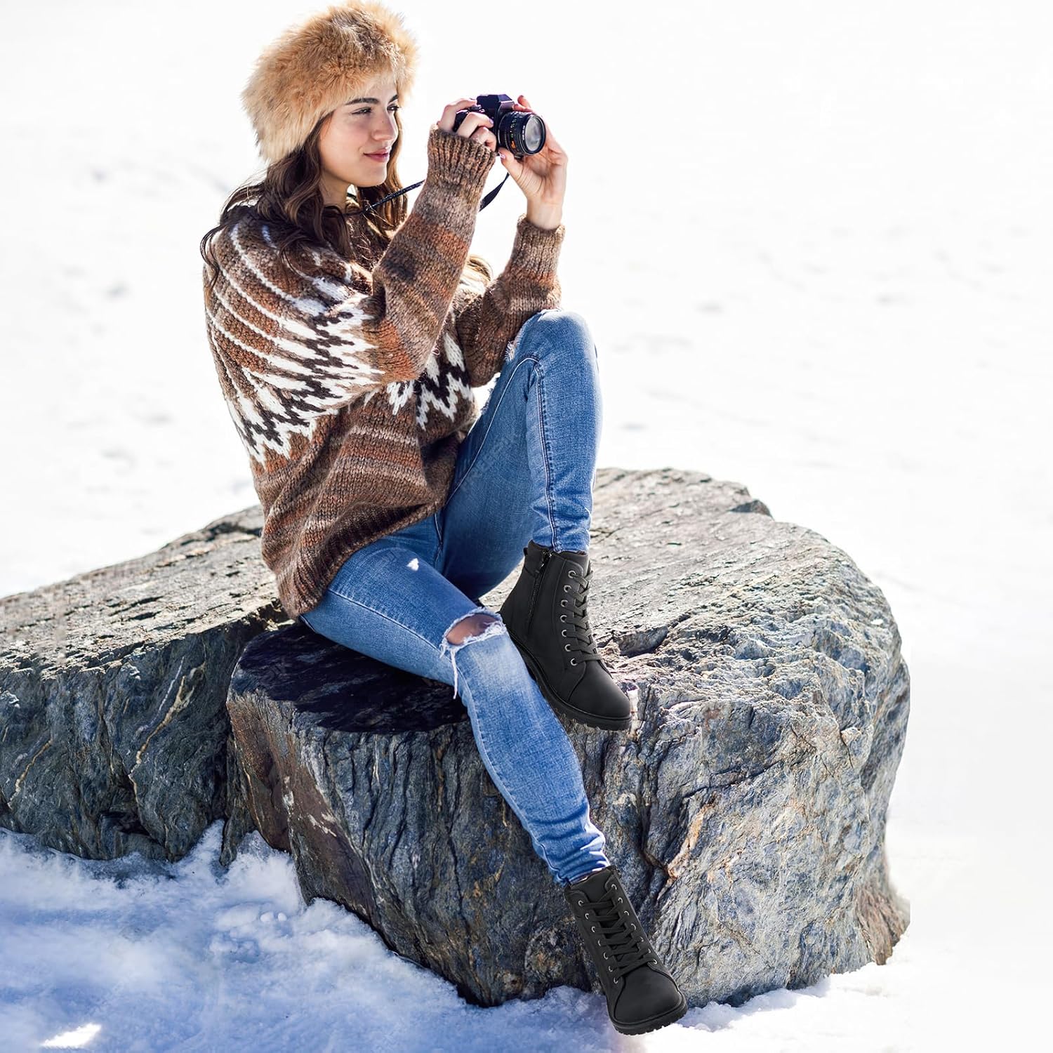 Rominz White Snow Boots for Women Black Winter Ankle Bootie with Warm Faux Fur Lining & Zipper Non-Slip Waterproof Boot - Image 6