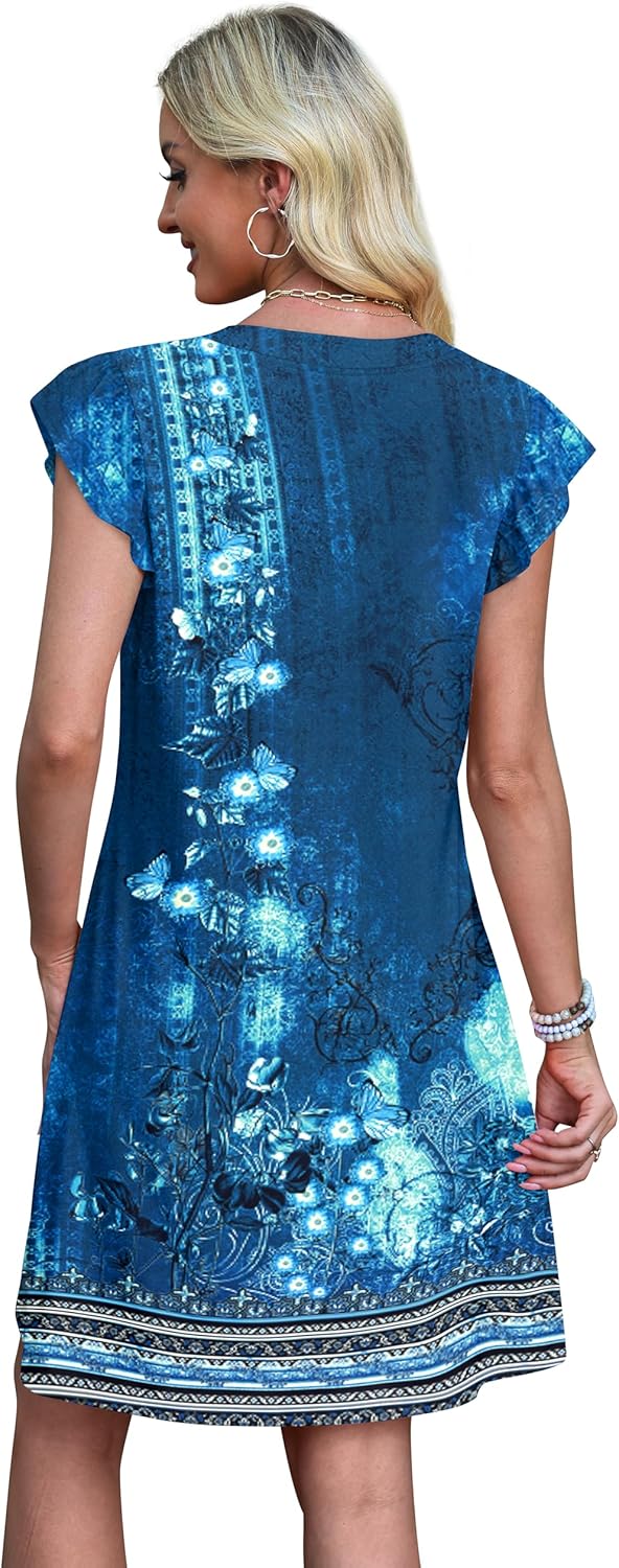 OFEEFAN Spring Summer Dresses for Women 2026 Casual Ruffle Sleeve V Neck Loose Swing Sundresses with Pockets Plain/Print - Image 5