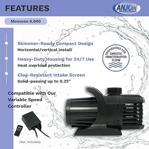 Miniatura 4 de Anjon Monsoon Bomba de agua sumergible, bomba de estanque de 8000 GPH con cable de alimentación de 30 pies, altura máxima de cabeza de 26 pies,