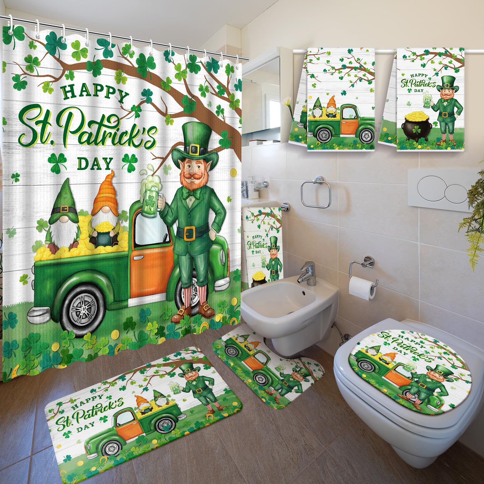 Nuanchu 6 Pcs St. Patrick's Day Shower Curtain Set with Rug Green Clover Bathroom Sets with Shower Curtain Bath Mat U Shaped Mat Toilet Lid Cover 2 Bath Towels and 12 Hooks Tree Bathroom Decor — image 1