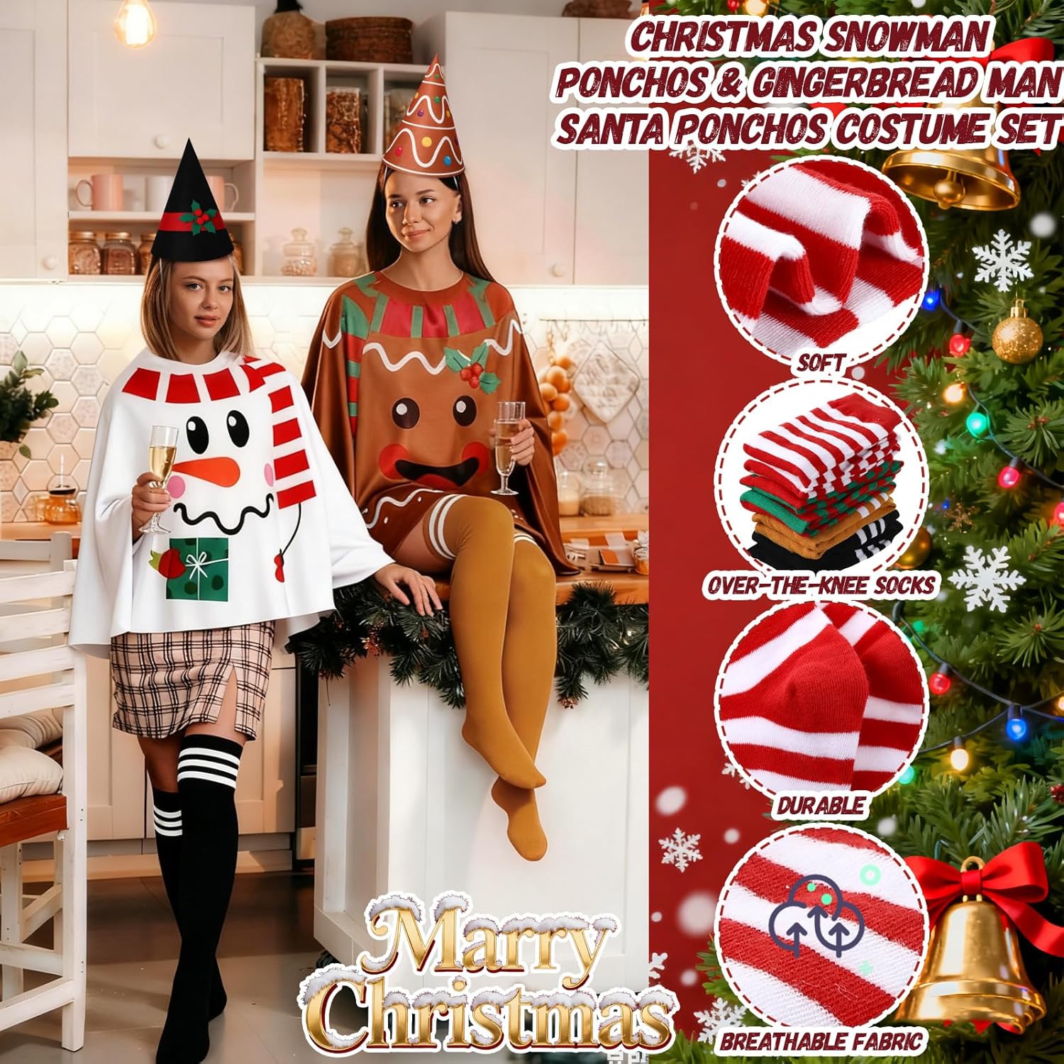 12 Pcs Women's Christmas Costume Set: Elf Ponchos, Santa Capes, Snowman & Gingerbread Designs with Striped Knee-high Socks & Elf Hats - Xmas Festive Holiday Party Gift