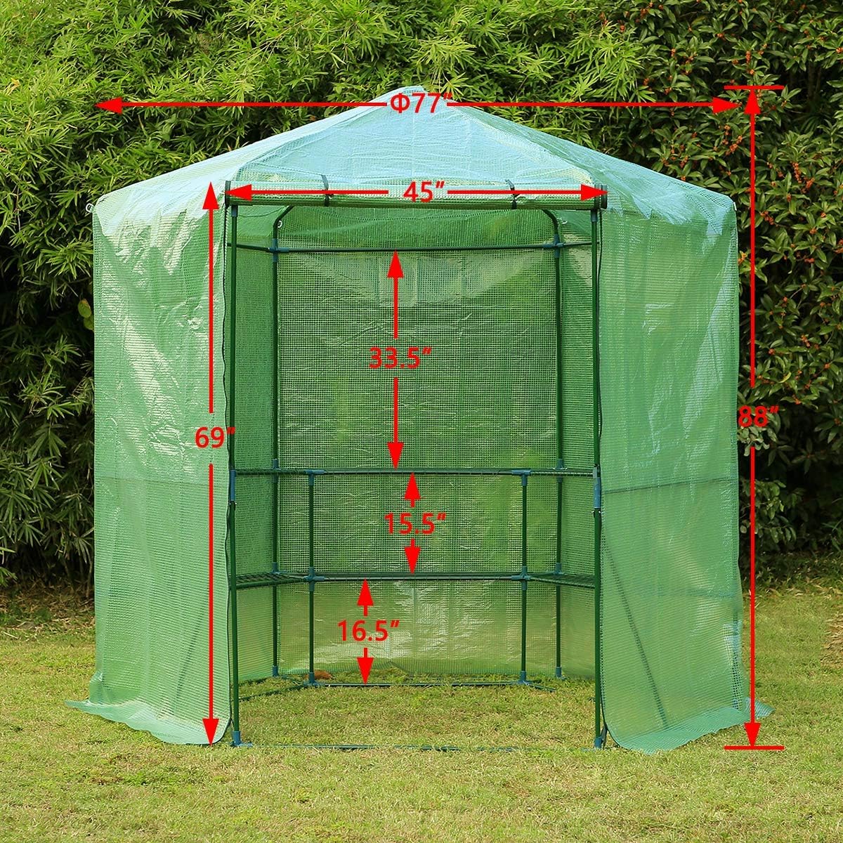 Diagram showing the dimensions of the EROMMY Hexagonal Walk-in Greenhouse