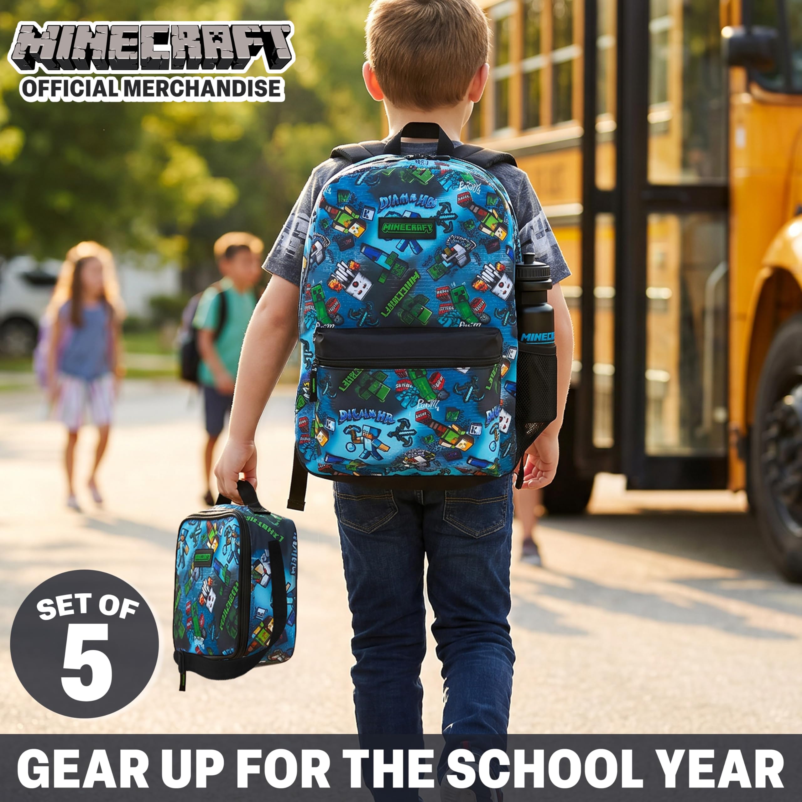 Get Trend Minecraft Rucksack Kinder 5er Set, Kinderrucksack mit Federmäppchen, Isolierte Lunchtasche, Schlüsselband, 500ml Trinkflasche BPA-Frei (Multi Minecraft)