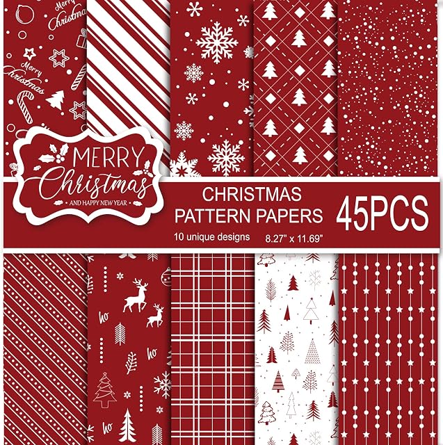 MIAHART 45 Sheets Merry Christmas Pattern Paper Set 10 Designs Festival Decorative Craft Paper Double-Sided for Card Making Scrapbook, A4 Size-Red and White
