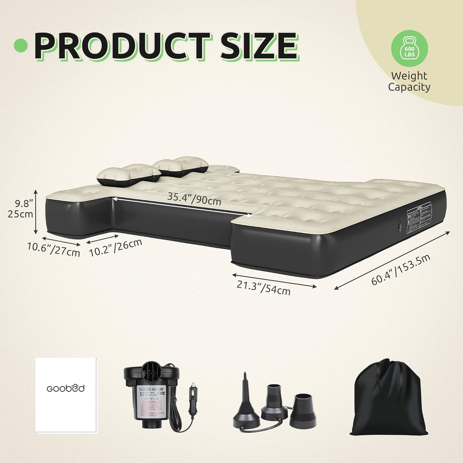 GOOBED Inflatable Truck Bed Air Mattress for 5.5-5.8 ft Short Beds, Portable Car Camping Mattress with Pump, Pillows & Carry Bag for Travel, Outdoor & Road Trips, Black & Gray