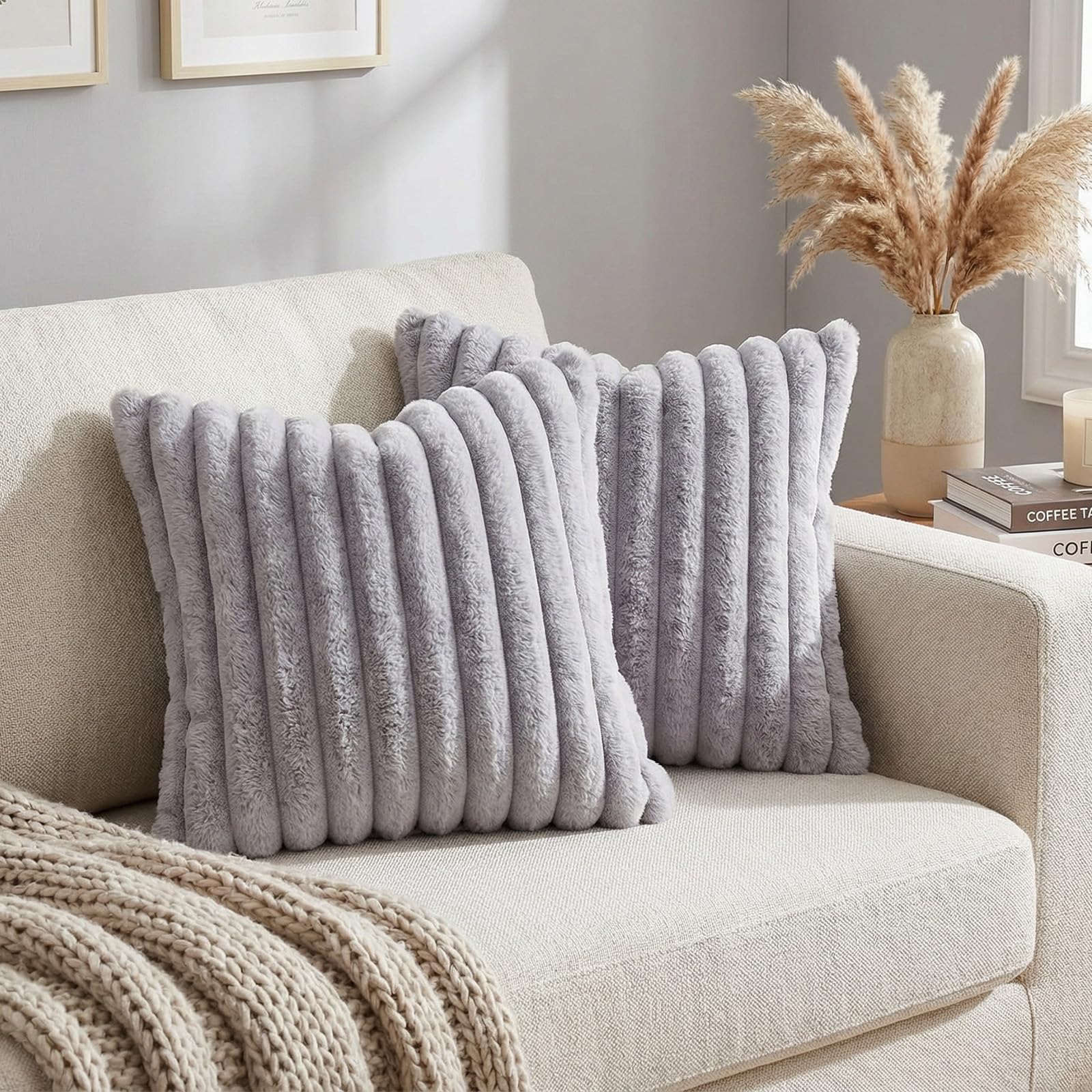 Xqzbmt 2 Pack 45x45 cm Faux Fur Fluffy Cushion Covers, Grey Plush Striped Decorative Pillowcases for Sofa Bed Living Room Home Decor — image 1