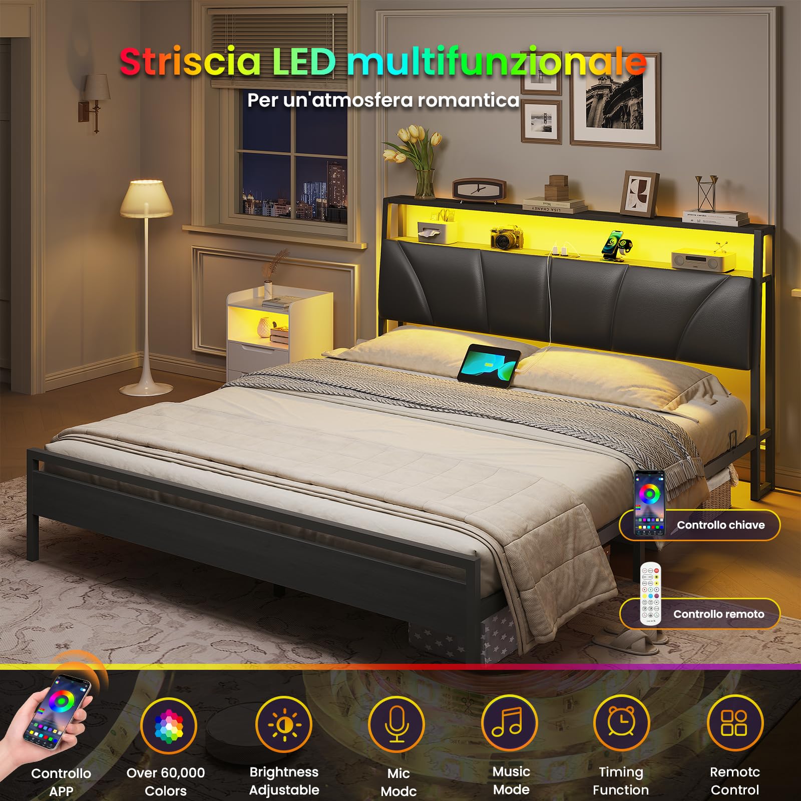 Brinlawb Letto Imbottito 160x200 cm, Struttura letto con Luce LED e Stazione di Ricarica (2 Prese CA 2 Porte USB) Letto Matrimoniale con testiera e pediera, Facile da montare, Moderno, Nero