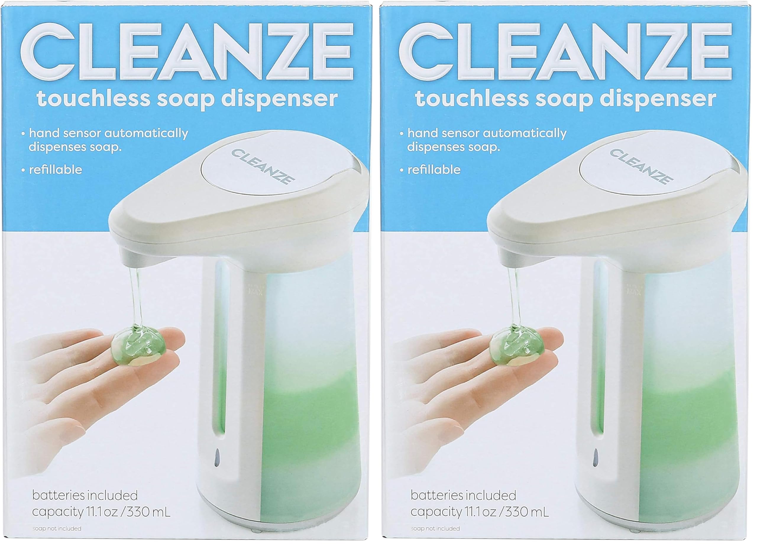 Cleanze Touchless Soap Dispenser | Automatic Liquid Soap &amp; Hand Sanitizer Dispenser | Hands-Free, 11.1oz (Pack of 2, White)