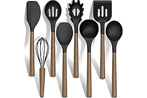 9 Piece Silicone Kitchen Utensil Set with Heat Resistant Wood Handles