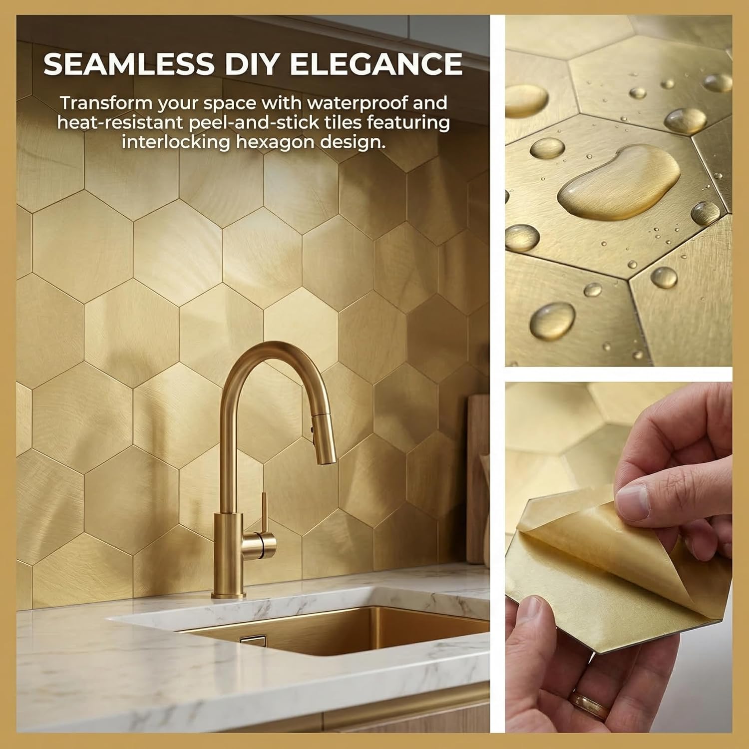 10pcs Peel & Stick Mosaic Wall Stickers - Waterproof/Anti-Skid/High Temp Resistant Decals, Multi-Purpose Removable Decoration for Kitchen Backsplash, Bathroom&Office (10, Golden)