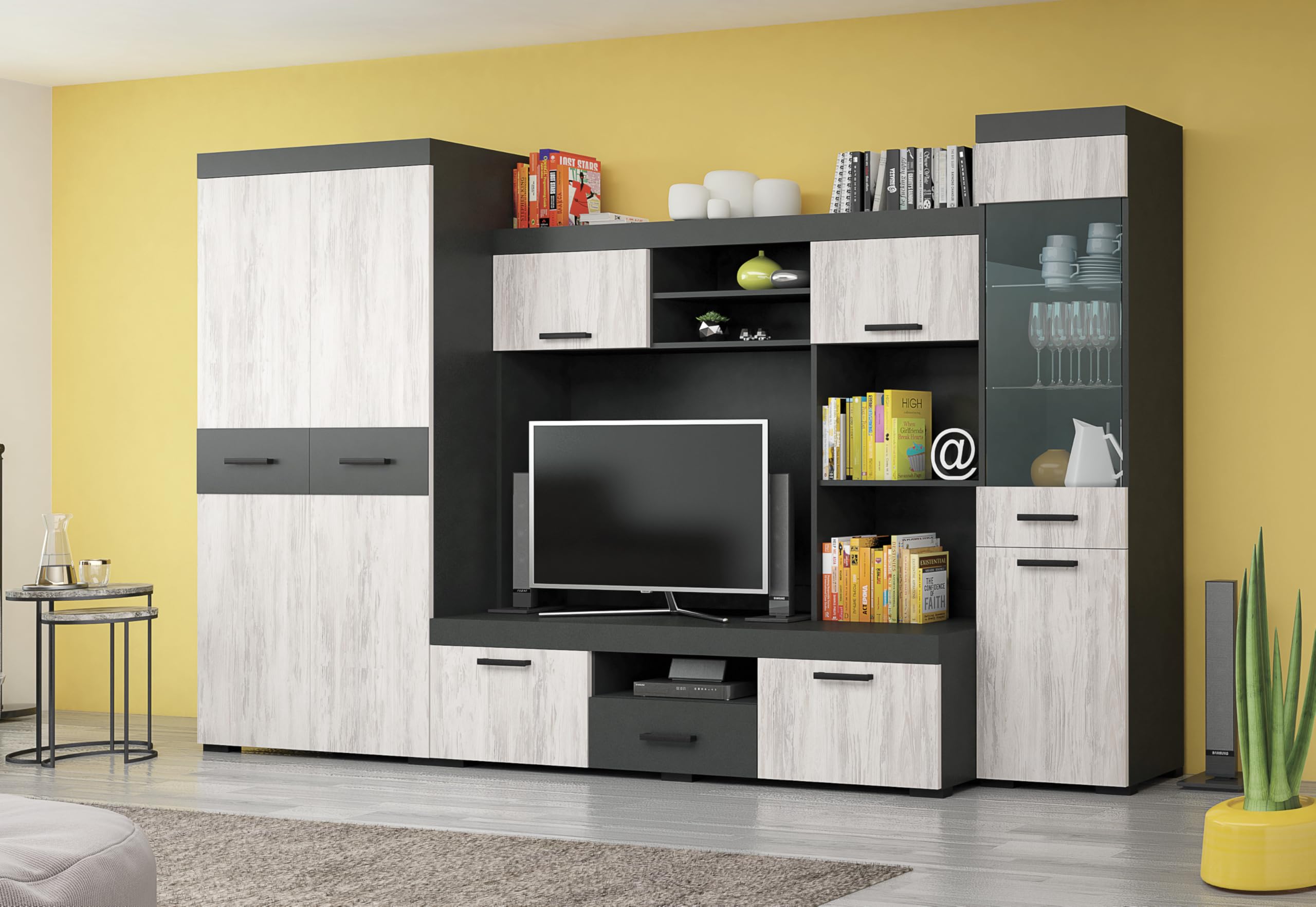 Parete Attrezzata Moderna Composta da 3 Elementi Separati (Armadio, Sezione TV e Vetrinetta), Arredamento per Soggiorno in Rovere Bianco/Grigio Antracite SG30
